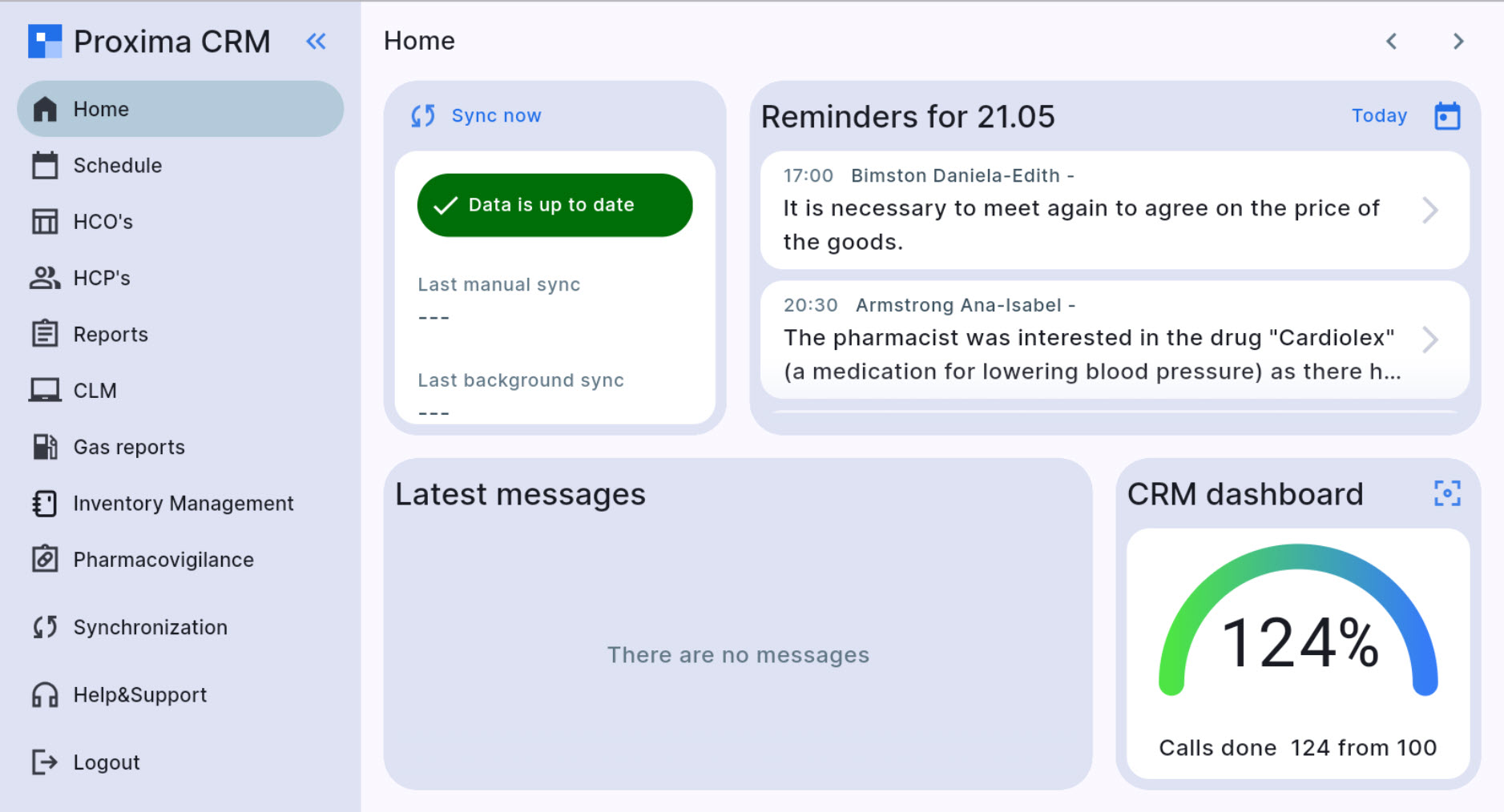 Proxima CRM app home screen