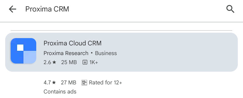 Proxima CRM in the search results